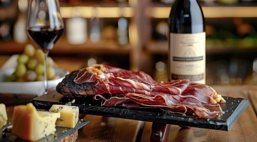 Wine, cured and smoked ham. Hamon iberico and prosciutto on a cutting board, AI generated