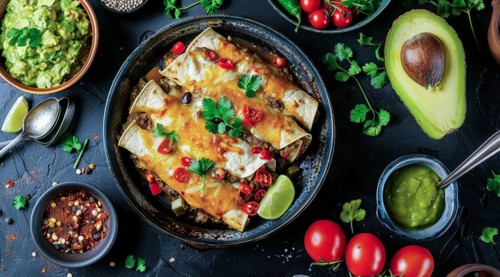 Plate of enchiladas with a side of salsa and guacamole. Wooden table with bowls of various sauces,