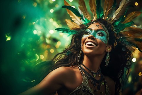 Captivating image capturing the essence of the Rio Carnival, showcasing a dancer adorned in an