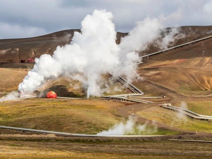 Krafla power plant, pipelines, geothermal energy, Myvatn region, Iceland, Europe
