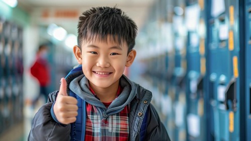 Cute asian school boy giving a thumbs up in the hallway of his school. generative AI, AI generated