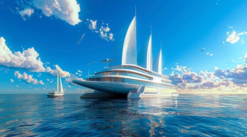 A large white ship of the future running on wind turbines. Concept of ecology friendly green