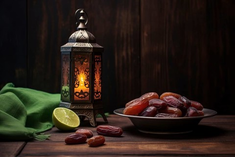 Ramadan lantern with a plate of succulent figs on dark background, set on an ornate table with