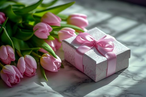 Gift Box with Pink Ribbon Beside bouquet of Fresh Tulips. Background for Valentine day, March 8,