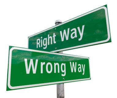 Right way, wrong way 2 way green road sign isolated on white