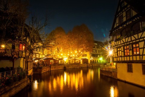 Strasbourg at Christmas time: La Petite France neighbourhood after dark