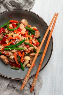 Wok, Asian-style vegetables, street food, mixed vegetables, no people, top view