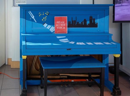 Kansas City, Missouri - A blue piano at the American Jazz Museum. The museum is in the 18th & Vine