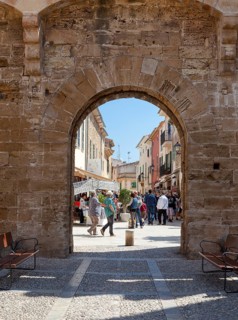 View through the Porta Principal, Alcudia, Majorca, Balearic Islands, Spain, Europe