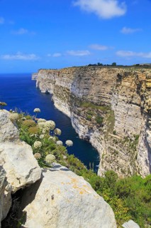 Coastal clifftop landscape view westwards at Ta' Cenc cliffs, island of Gozo, Malta, Europe