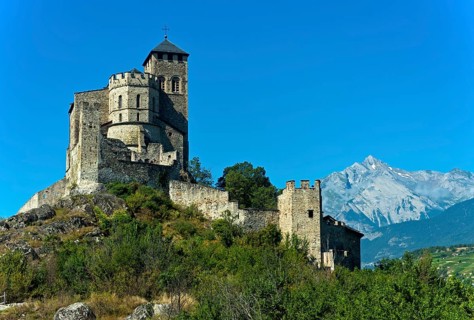 Basilica of Valeria, Basilique de Valere, behind the summit of Haut de Cry, Sion, Sion, Valais,