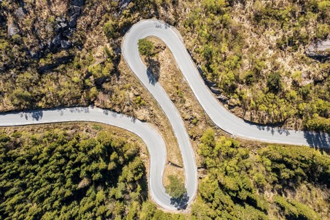 Aerial view of mountain road fv 44 west of Flekkefjord, norwegian southern coast, Norway, Europe