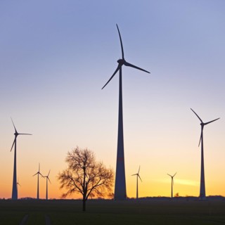 Wind turbines at dawn, Wevelsburg wind farm, Büren, Paderborn plateau, North Rhine-Westphalia,