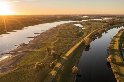 Aerial view of channel Gnevsdorfer Vorfluter and river Elbe at sunset, between Wittenberge and
