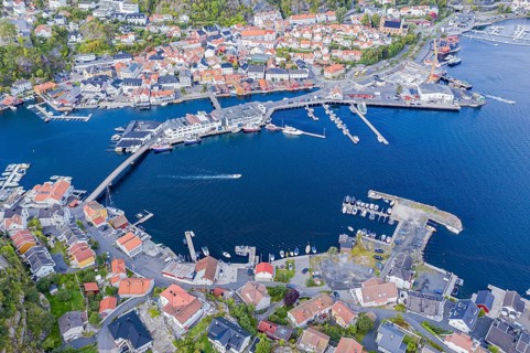 Aerial view over island Kragerø, traditional village and marina at the southern norwegian coast,