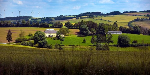 Panoramic view of cultural landscape, local community of Jucken in the Eifel district of