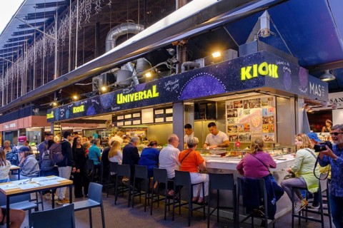 Tapas restaurant at La Boqueria market, Barcelona, Catalonia, Spain, Europe