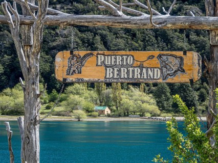 Village Puerto Bertrand at river Rio Baker, information sign, Patagonia, Chile, South America