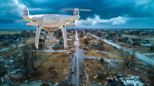 Quadcopter UAV search and rescue SAR drone flying A search above A tornado path of destruction, AI