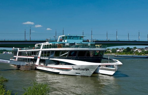 Europe, Germany, North Rhine-Westphalia, Bonn, Kennedy Bridge and passenger ship Rhein-Energie,