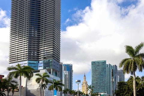 Miami downtown financial skyline and business shopping center near Biscayne bay and South beach