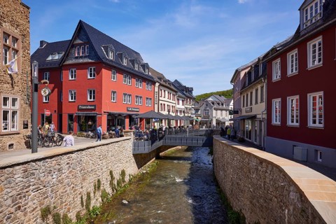 City centre with Erft and pedestrian zone of Bad Münstereifel, Eifel, Euskirchen district, North