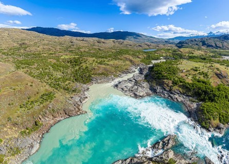 Confluence of river Rio Baker and Rio Neff, aerial view, muddy water of Rio Neff merges with