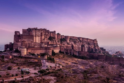 Mehrangarh Fort in twilight on sunset, Jodhpur, Rajasthan, India, Asia