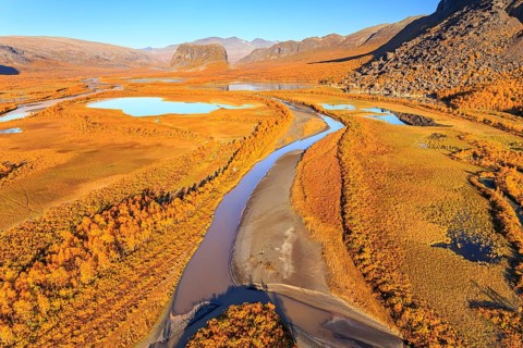 Lake, river, river delta, autumn colours, autumn, mountains, sunny, aerial view, Rapadalen, view of