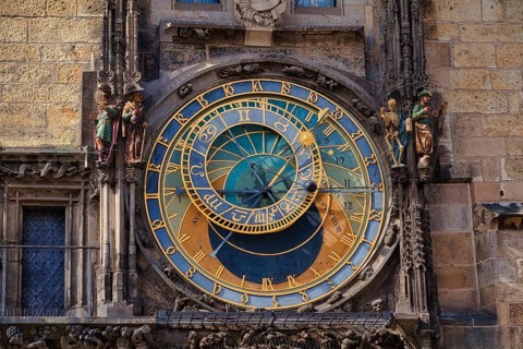 Detail, Famous medieval astronomical clock attached to the tower of the Old Town Hall. Built in