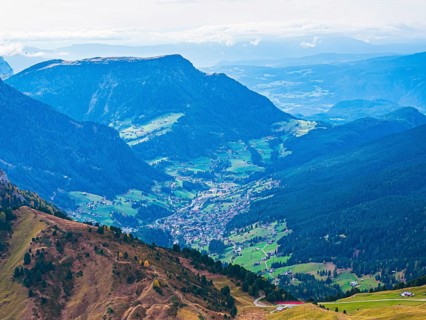 The village of Ortisei in Val Gardena, drone shot, Val Gardena, Dolomites, Autonomous Province of