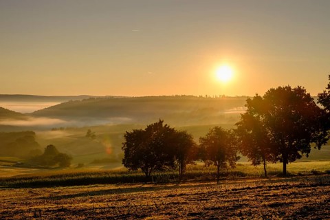 Morning fog over the Werra valley, Weißenborn near Eschwege, Werra-Meißner district, Werra valley,