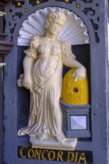 Symbolic figure Concordia, Eintracht, portal detail on the town hall Münden, Weser Renaissance,
