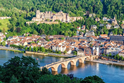View of the Neckar River Castle and Old Bridge in Heidelberg, Germany, Europe