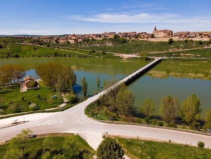A village along a river with a bridge and a road, surrounded by green landscape and trees under a