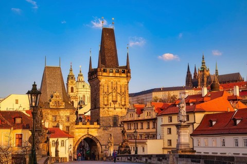Lesser Town Bridge Tower in the early morning, Charles Bridge in Prague, Czech Republic, Europe