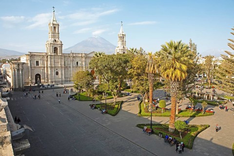 Cathedral of Arequipa or Cathedral Basilica of Santa Maria at the Plaza Principal, behind the
