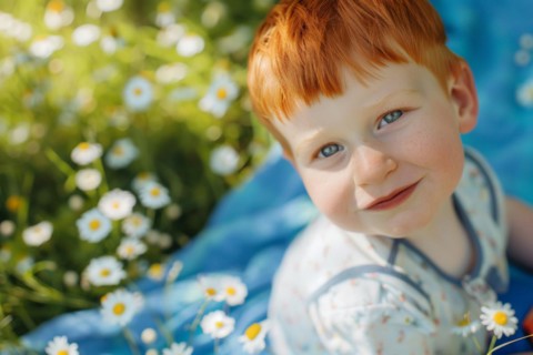 Toddler, boy, young, fair-skinned with red hair and freckles is exposed to sunlight without