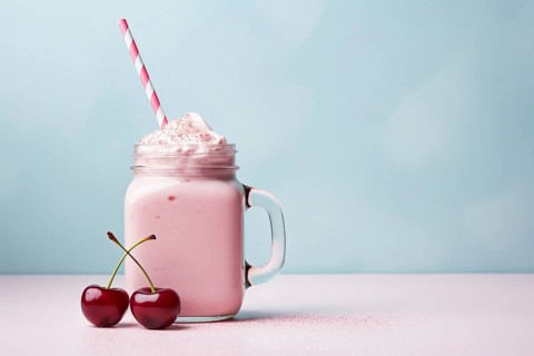 Glass jar with pink cherry smoothie, drinking straw and fruits on pastel blue background with copy