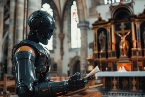 Humanoid reading next to an altar in a church, vision of the future, science fiction, AI generated,