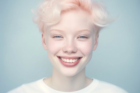 Portrait of happy woman with white hair and white lashes caused by Albinism. KI generiert,