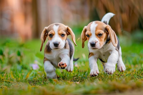 Two cute Beagle pups playing in the grass, AI generated