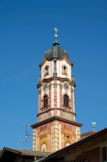Church tower, Church of St Peter and Paul, Mittenwald, Werdenfelser Land, Upper Bavaria, Bavaria,