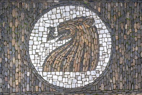 Floor mosaic in Freiburg's historic city centre, Freiburg im Breisgau, Baden-Württemberg, Germany,