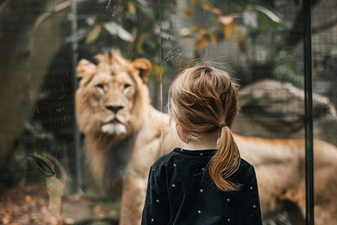 Back view of young girl child watching lion in zoo behind glass. Generative AI, AI generated