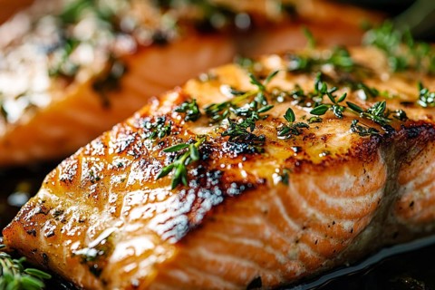 Close up of healthy grilled salmon fish, . Generative Ai, AI generated
