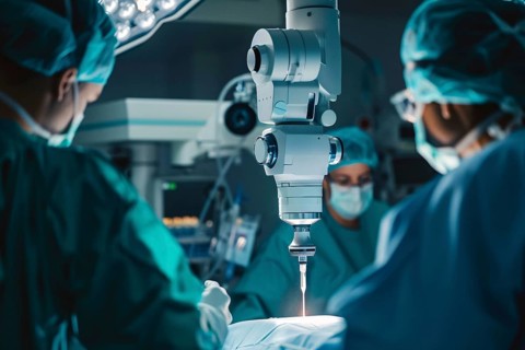 Doctors and assistance in surgery with modern laser technology. Generative Ai, AI generated