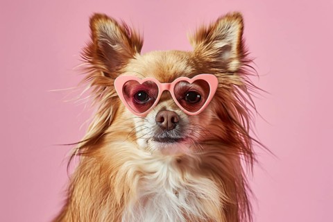 Cute small Chihuahua dog with pink heart shaped glasses on pastel pink background. Generative Ai,