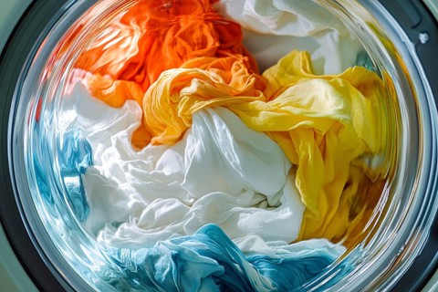 Close up of white and colorful clothes in washing machine. Generative Ai, AI generated