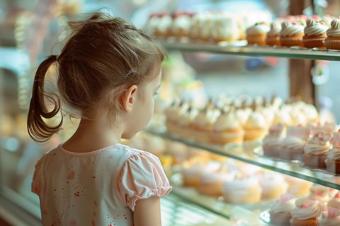 Young girl child looking at various cupcakes through shopping window of pastry shop. KI generiert,
